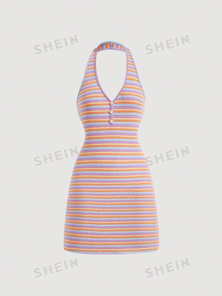 SHEIN MOD Striped Print Button Front Halter Neck Backless Dress | SHEIN