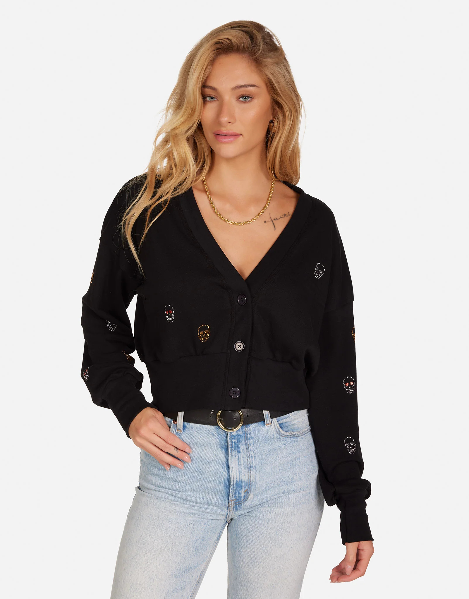 Stud Heart Eyes Skulls Crop Cardigan in Black | Camas by Lauren Moshi | Lauren Moshi