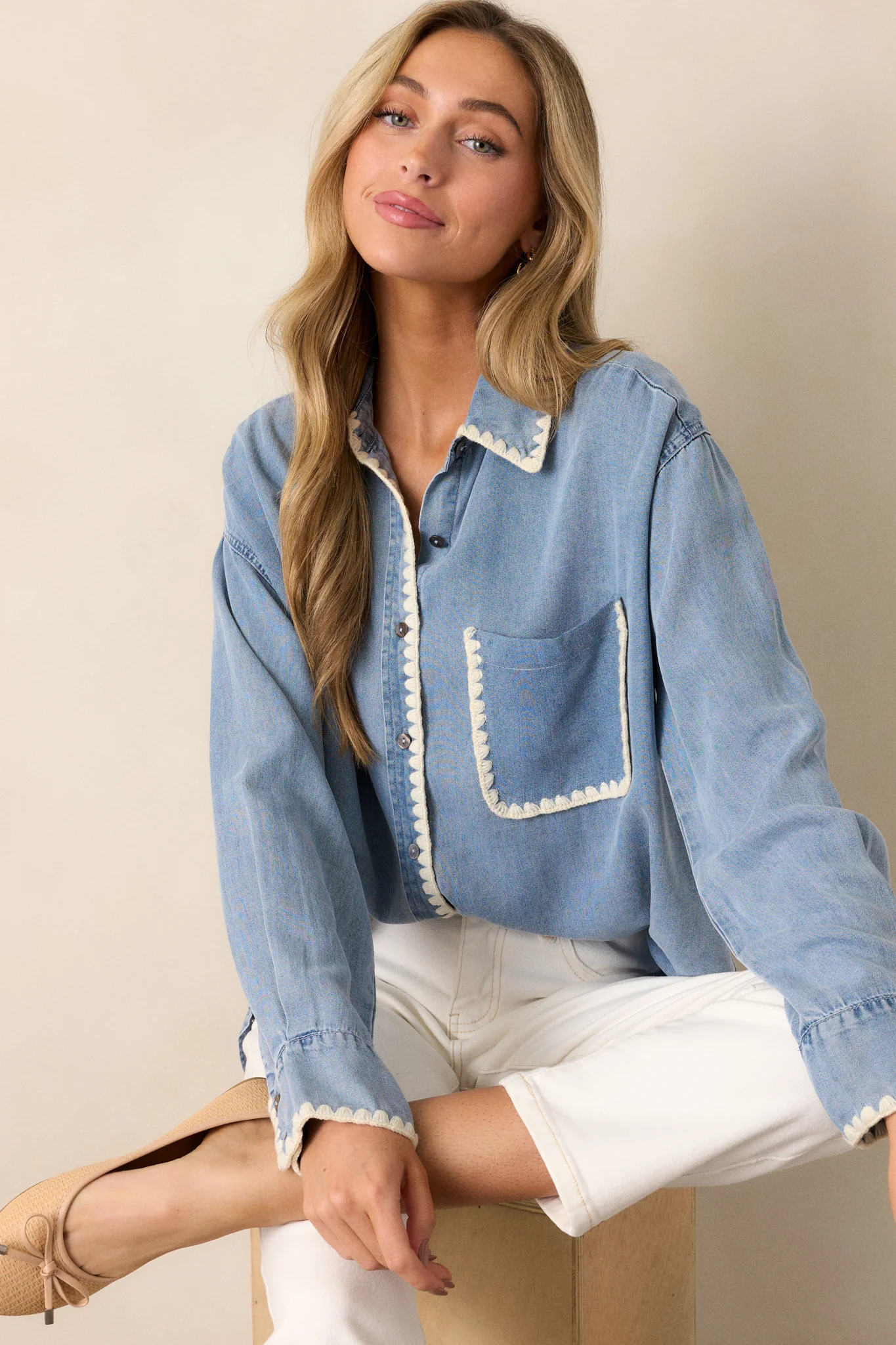 Cool Breezes Light Chambray Button Front Top | Red Dress