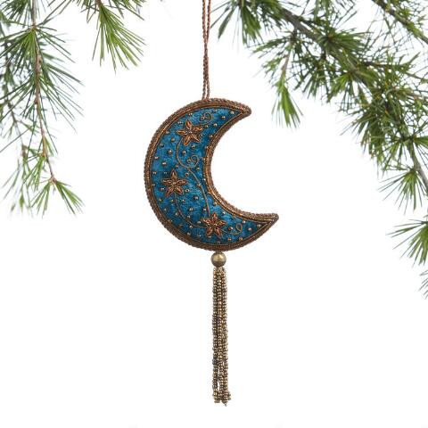 Blue Velvet Beaded Moon Ornament | World Market