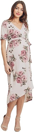 Women's Maternity Wrap Dress Midi Length with Waist Belt | Amazon (US)