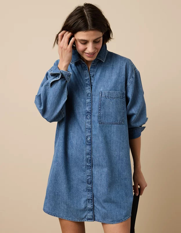 AE Dreamy Drape Long-Sleeve Shirt Dress | American Eagle Outfitters (US & CA)
