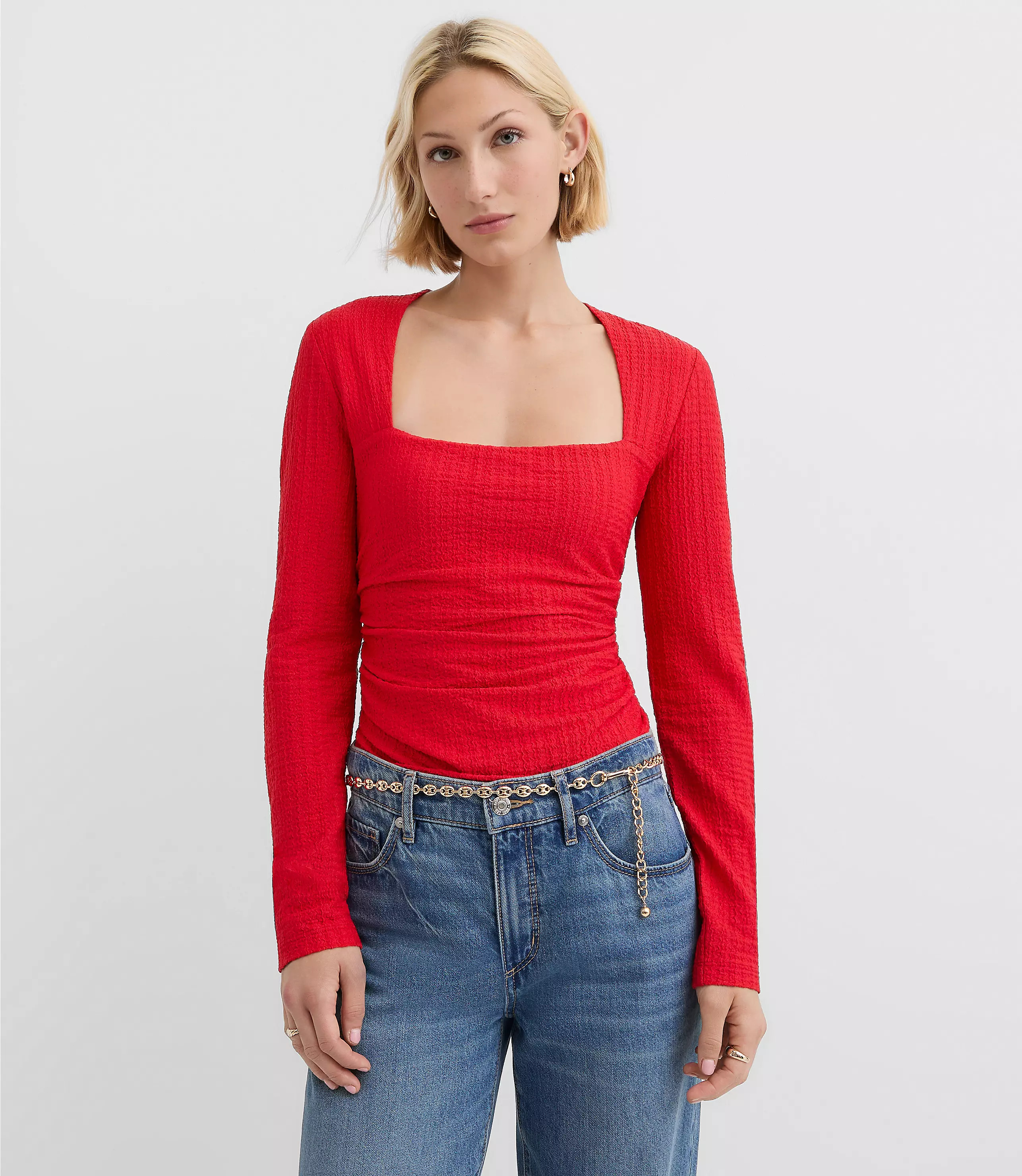 Textured Ruched Square Neck Top | LOFT