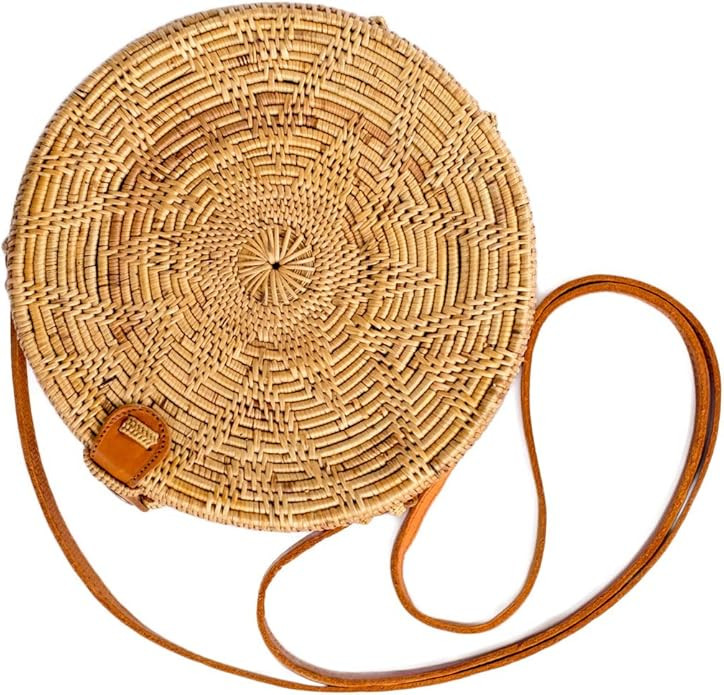Bali Harvest Handwoven Round Woven Ata Rattan Bag Colorful Batik Linen Inside and Flower Pattern ... | Amazon (US)