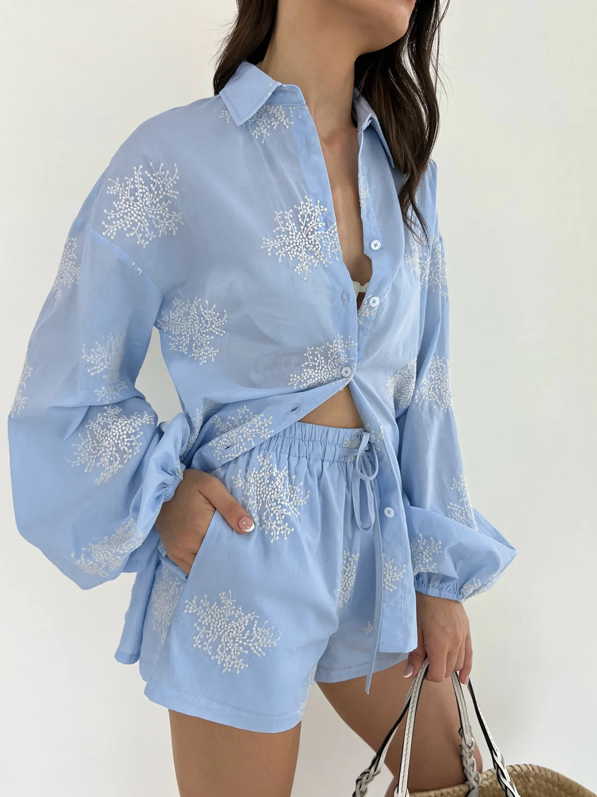 Semi-Sheer Plant Embroidery Casual Shorts Set | Commense
