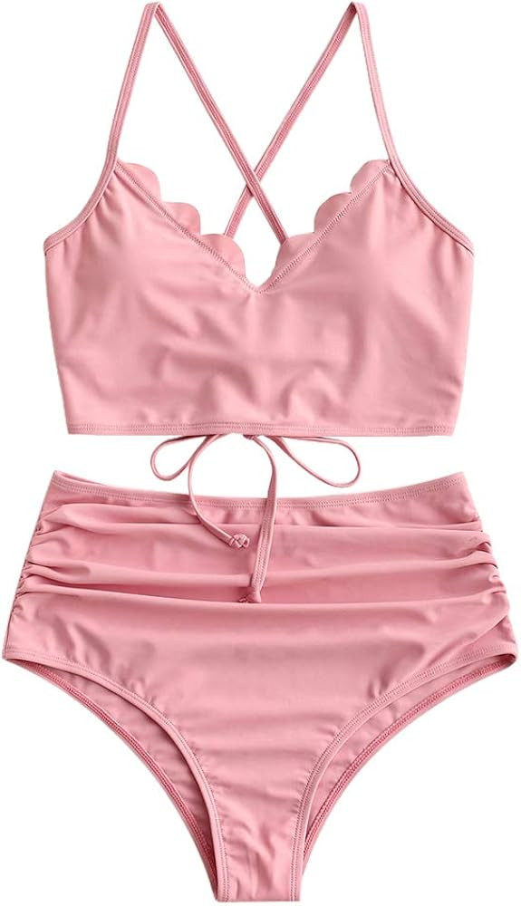 ZAFUL Women's Leaf Print Lace Up Ruched High Waisted Tankini Set Swimsuit | Amazon (US)