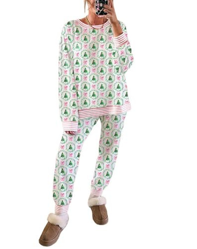 Pinclodly Womens Christmas Pajamas Cute Bow Christmas Tree Holiday Pajamas Contrast Striped Banding Sweatshirts and Pants Lounge Set | Amazon (US)