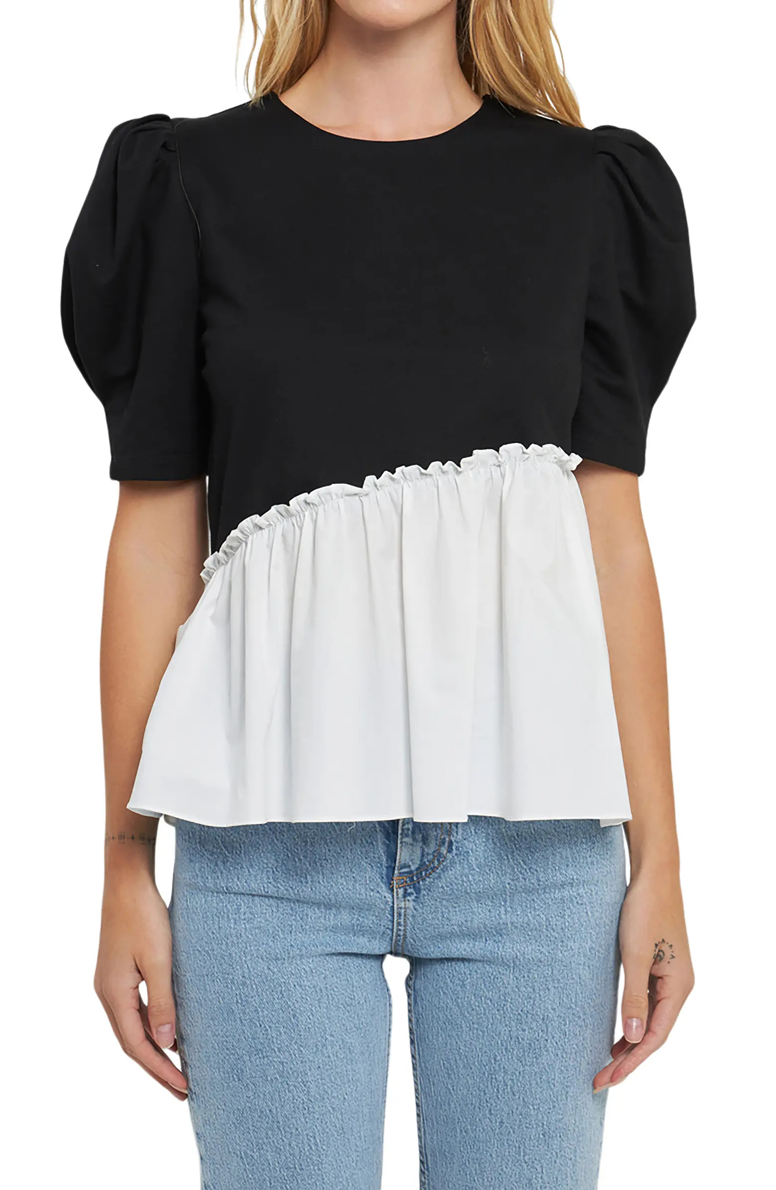 Mixed Media Puff Sleeve Peplum Top | Nordstrom