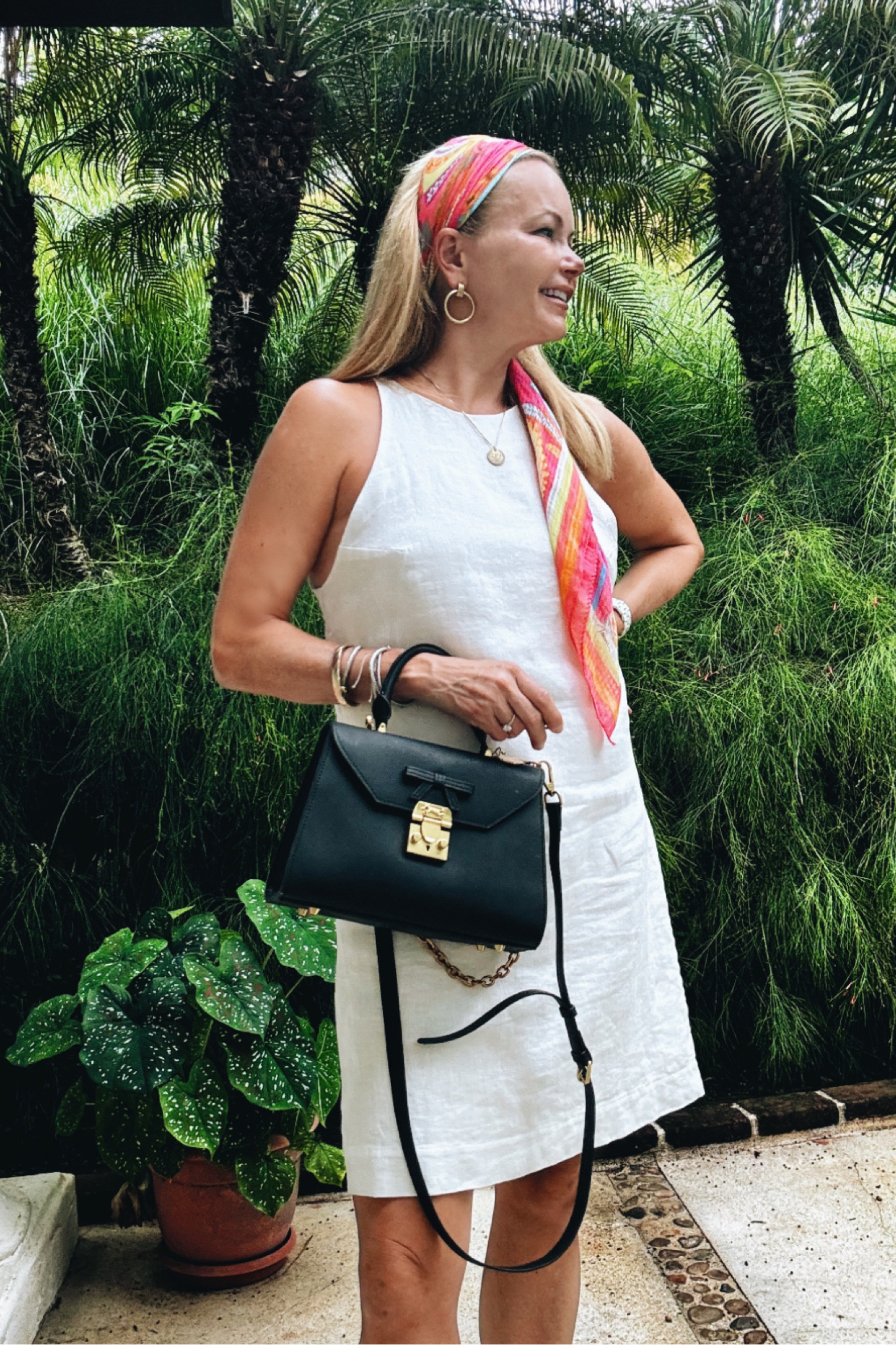 Summer dress. White dress. Sandals. Loeffler Randal sandals. &Other Stories white a-line dress. Head scarf..  Black purse. Black bag. MME.Mink bag. Julie Vos gold earrings. Anchor Earrings. Gold Hoops. 

#LTKitbag #LTKfindsunder100 #LTKstyletip