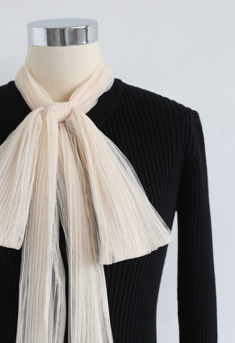 Mesh Bow Neck Long Sleeves Ribbed Knit Top | Chicwish