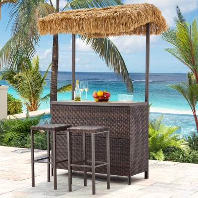 Outdoor Tiki Bar Set, Wicker Patio Bar w/2 Stools, Storage Shelf for Backyard Poolside Garden | Wayfair North America