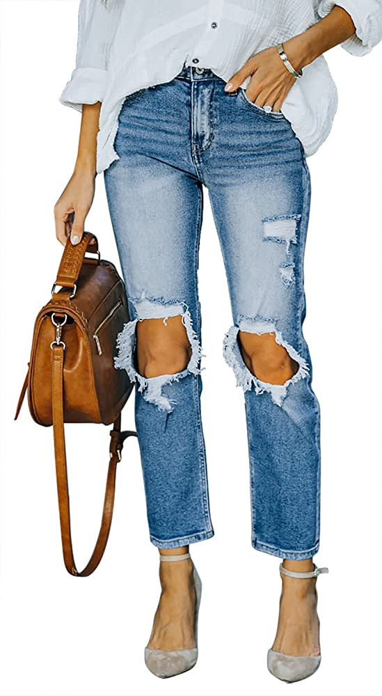 MINGALONDON Womens Ripped Boyfriend Jeans Mid Waisted Distressed Stretchy Denim Pants | Amazon (US)