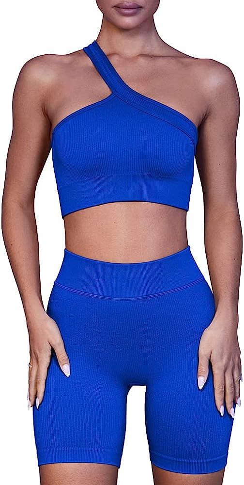 LNSK Workout Sets for Women 2 Piece Seamless Sexy Ribbed Outfits Gym Yoga Shorts Running Set | Amazon (US)