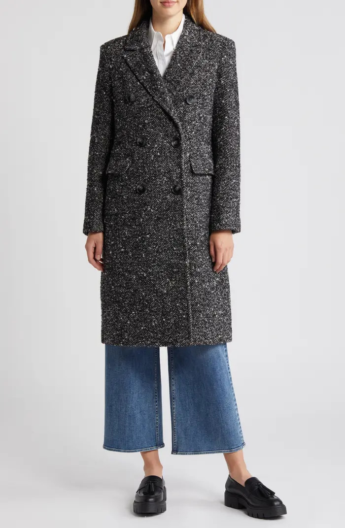 Sam Edelman Reefer Double Breasted Herringbone Tweed Coat | Nordstrom | Nordstrom