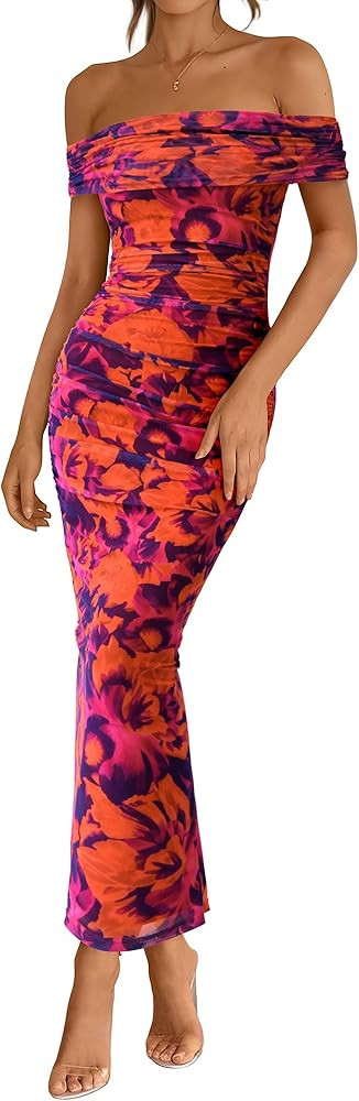 BTFBM Cocktail Dresses for Women 2025 Summer Off Shoulder Bodycon Ruched Mesh Back Slit Floral Ma... | Amazon (US)