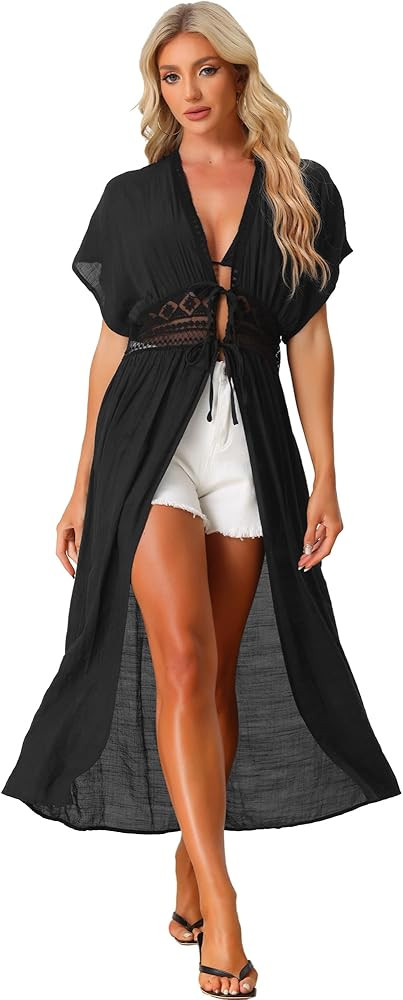 Allegra K Women's Long Lace Cover Up Tie Front Bikini Swimsuit Beachwear Cardigan | Amazon (US)