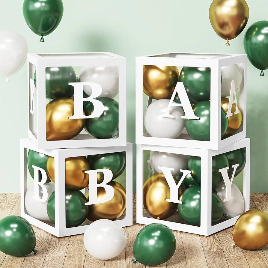 RUBFAC Baby Boxes for Baby Shower Decoration with 8 Letters and 36 White Sage Green Gold Balloons... | Amazon (US)