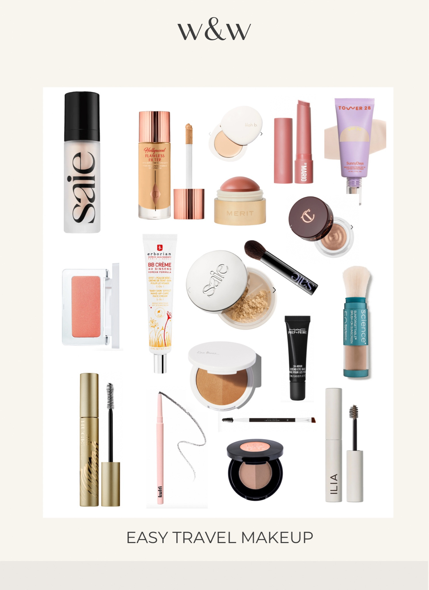 My travel makeup go tos

Saie primer
Merit blush in Beverly Hills 
Tower 28 spf in Fairfax
Flawless filter by Charlotte tilbury
Charlotte tilbury cream shadow in champagne
Saie setting powder
Colorscience spf
Mac eye primer
Anastasia Beverly Hills brow powder and brush
Kulfi eyeliner
Stila mascara
Erborian bb cream in Clair

#LTKtravel #LTKbeauty