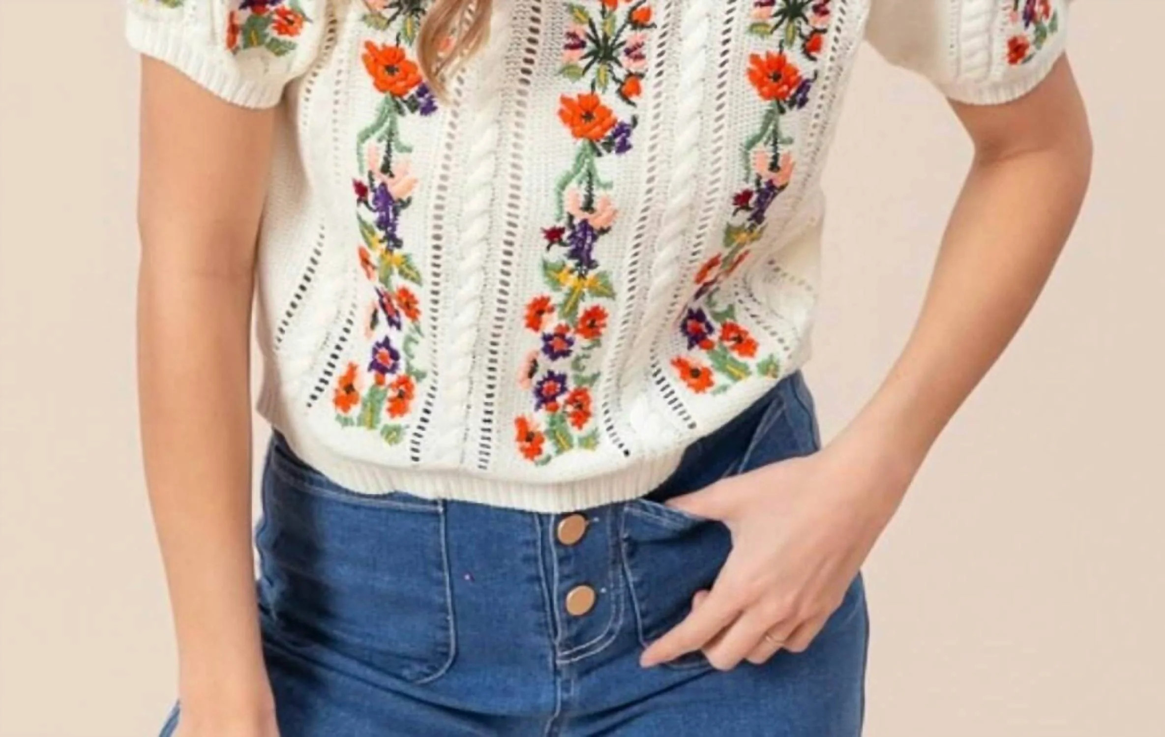 Floral Embroidered Short Sleeve Sweater In Ivory | Shop Simon