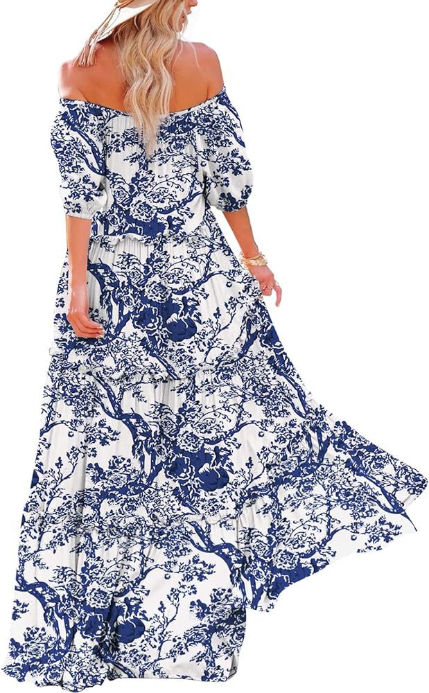 YESNO Women's Summer Casual Off Shoulder Maxi Dress Puff Short Sleeve Bohemian Floral Long Swing ... | Amazon (US)