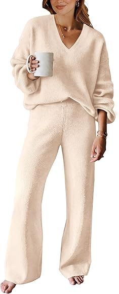 ANRABESS Women's Two Piece Outfits Sweater Sets Long Sleeve V Neck Knit Pullover and Wide Leg Pan... | Amazon (CA)