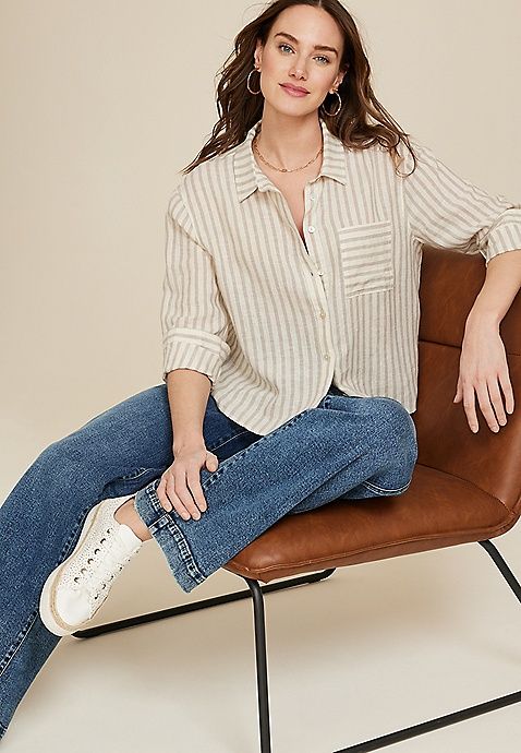 Cropped Striped Button Up Shirt | Maurices