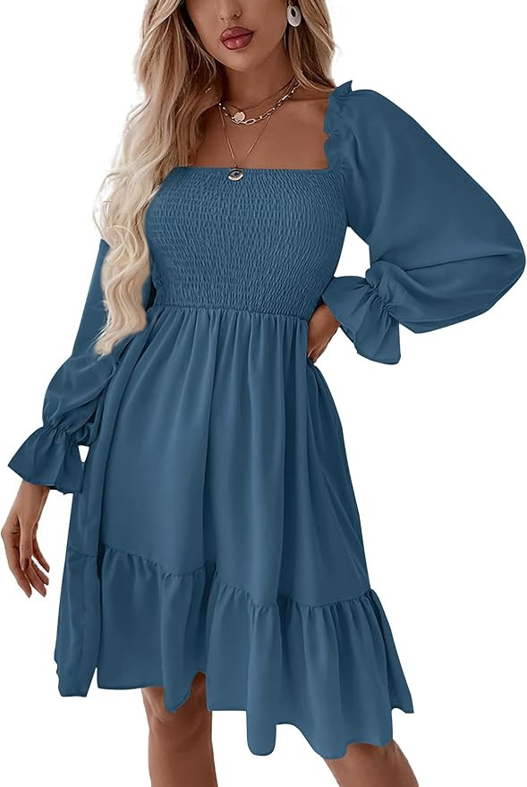 LYANER Women's Square Neck Lantern Long Sleeve Ruffle Shirred Flowy Party Mini Dress | Amazon (US)