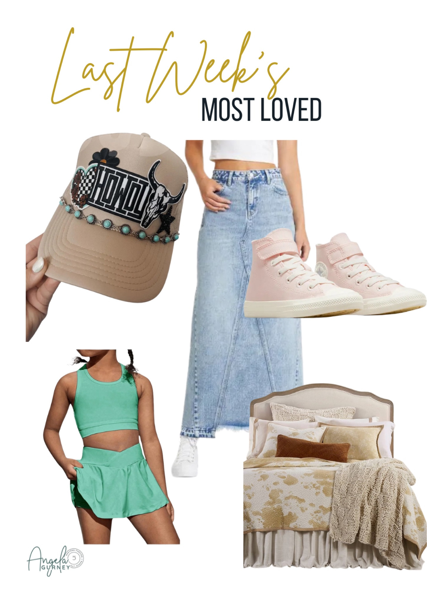 Last week’s top sellers - denim maxi skirt, trucker hat, patch hat, girls workout set, western style bedding, girls shoes, pink converse 

#LTKFindsUnder100 #LTKKids #LTKHome