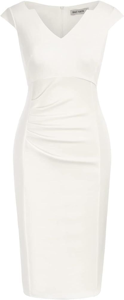 GRACE KARIN Women Ruched Bodycon Dress Cap Sleeve V-Neck Knee Length Work Dress | Amazon (US)