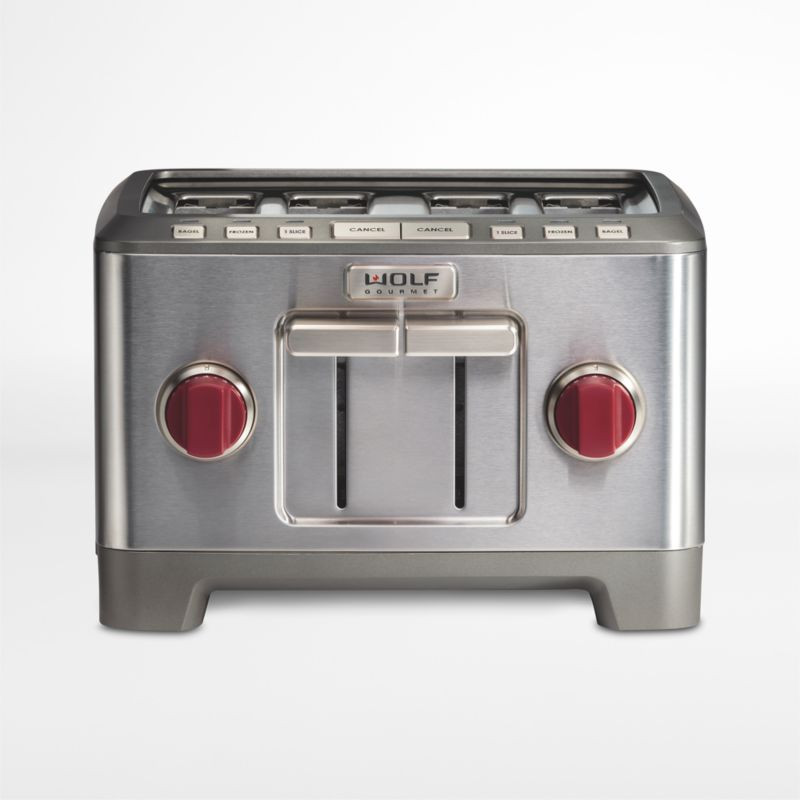 Wolf Gourmet 4-Slice Toaster with 1-Slice Toasting and Red Knobs | Crate & Barrel | Crate & Barrel