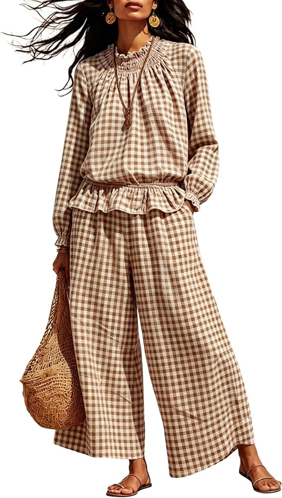 Bankeng Womens Long Sleeve Gingham Sets 2 Piece Outfits Plaid Cotton Tops Wide Leg Pants Summer M... | Amazon (US)