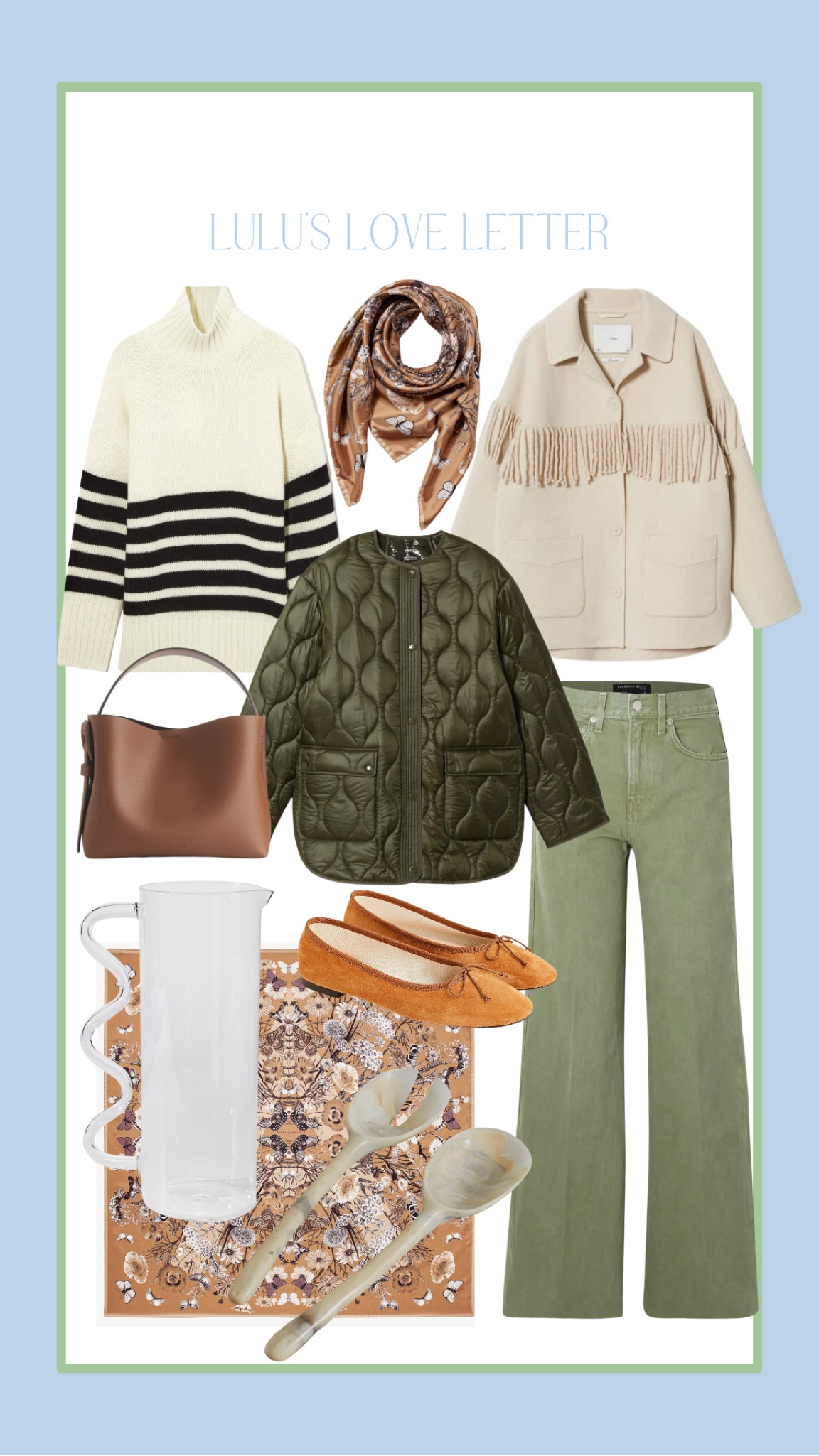 🤍Cos striped funnel-neck cashmere sweater
🤍Mango beige fringe jacket / coat
🤍Mango dark green / olive/ khaki/ maroon / white quilted puffer jacket 
🤍Jcrew suede ballet flats with bow 
🤍Sophie Lou Jacobsen wave pitcher 
🤍Veronica beard high rise wide leg jeans in olive / green / khaki 
🤍Dinosaur Designs stone swirled resin servers
🤍Aspinal of London botanical silk scarf 
🤍Arket leather crossbody bag

🤍fall outfits 