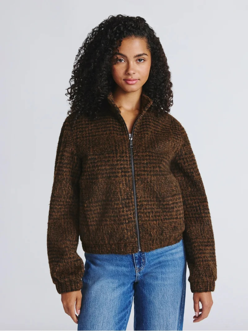 Time and Tru Women's and Women's Plus Faux Wool Bomber Jacket, Sizes XS-2X | Walmart (US)