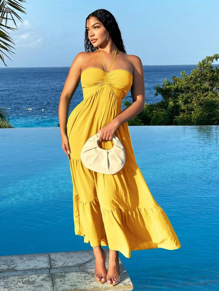 SHEIN SXY Summer Vacation Holiday Beach Halter Neck Splicing Swing Dress For Women | SHEIN