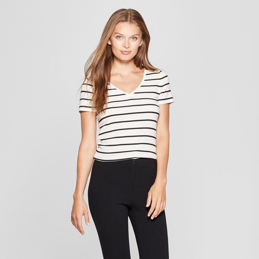 Women's Striped Short Sleeve Fitted V-Neck T-Shirt - A New Day White/Black XL, Black White | Target