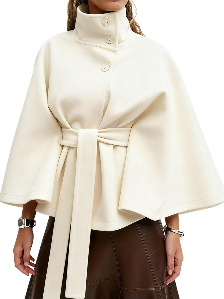 Kinghua Womens Batwing Sleeve Poncho Pea Coats Fall Trendy Stand Collar Belted Cloak Cape Wool Co... | Amazon (US)