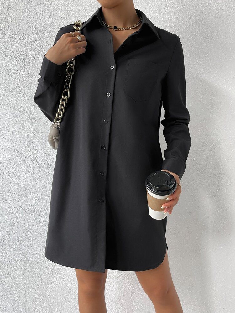 Patched Pocket Single Breasted Shirt Dress | SHEIN