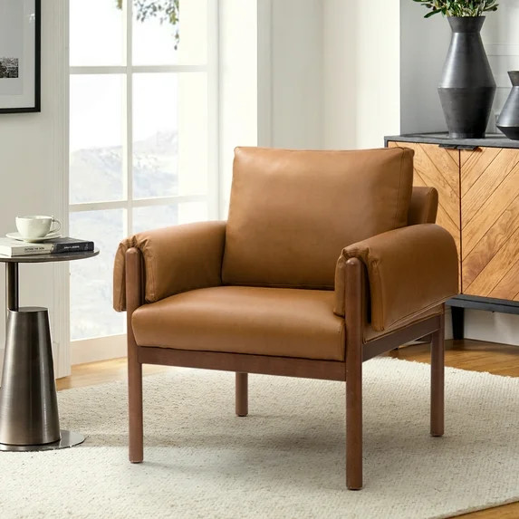 Faux Leather Accent Chair Removable Backrest Upholstered Arm Cushion PU Chairs Solid Wood Legs Re... | Walmart (US)