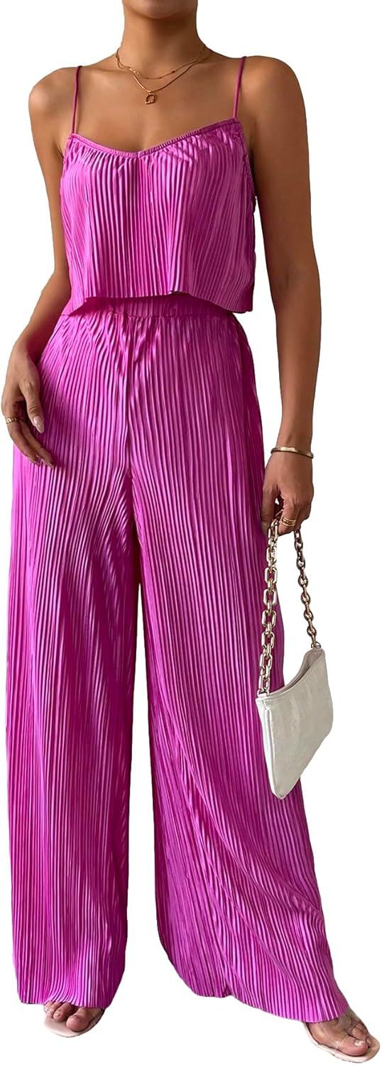 MakeMeChic Women's 2 Piece Outfits Spaghetti Strap Crop Cami Top and Wide Leg Pants Sets | Amazon (US)