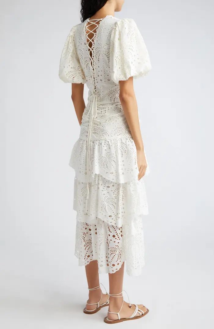 Eyelet Puff Sleeve Tiered Cotton Midi Dress | Nordstrom
