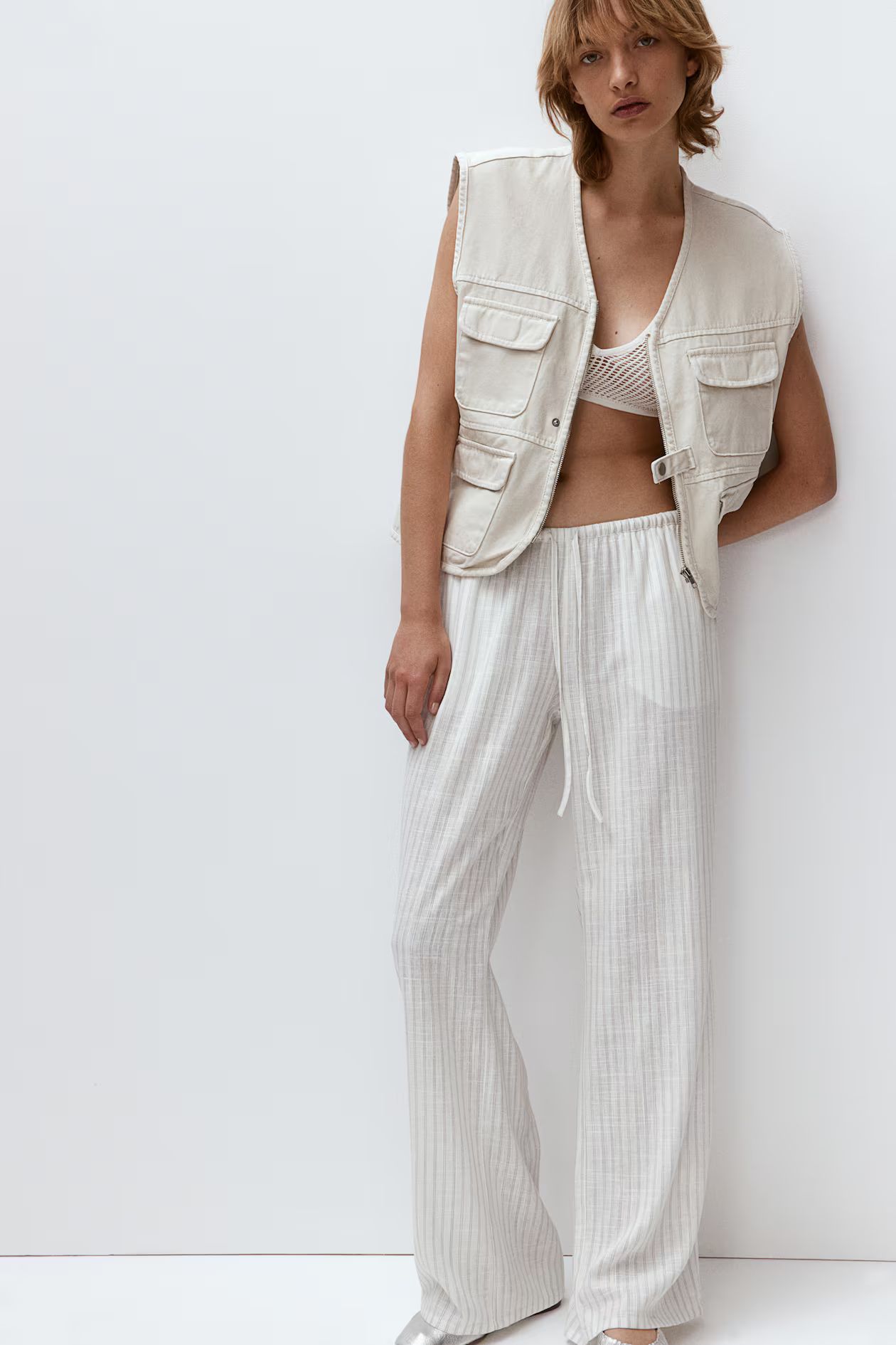 Linen-blend pull-on trousers - Low waist - Long - Cream/Striped - Ladies | H&M GB | H&M (UK, MY, IN, SG, PH, TW, HK)