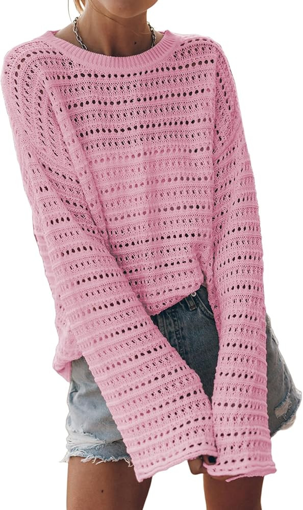 Sidefeel Womens Summer Sweaters 2026 Lightweight Casual Long Sleeve Crochet Tops Hollow Out Knit ... | Amazon (US)