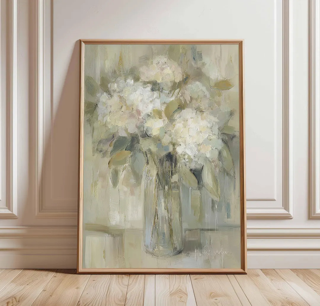 Neutral Floral Wall Art Print, Hydrangea Vase Painting in Soft Beige Tones, Elegant Botanical Pos... | Etsy (US)