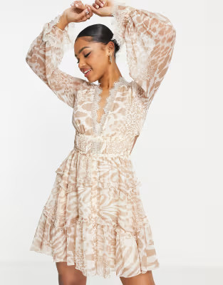 ASOS DESIGN patched animal ruffle mini dress with lace trim detail | ASOS | ASOS (Global)