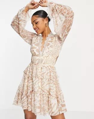 ASOS DESIGN patched animal ruffle mini dress with lace trim detail | ASOS | ASOS (Global)