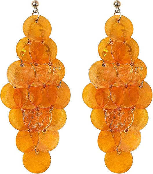 Handmade Orange Capiz Shell Chandelier Earrings, Natural Handcut Philippine Capiz, 3.4 Inches Lon... | Amazon (US)