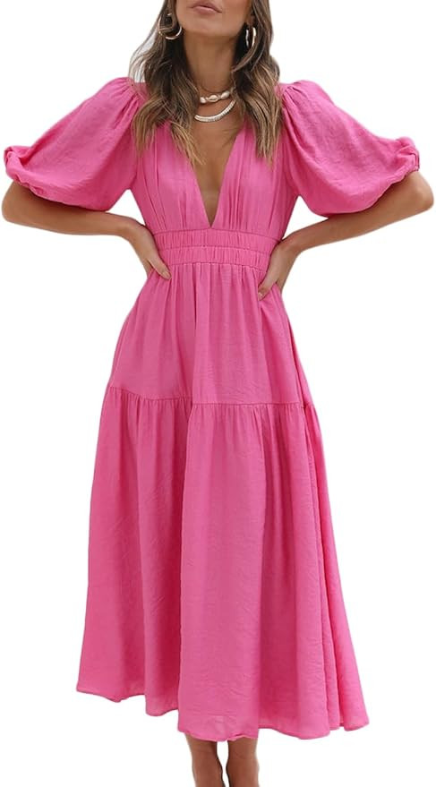 Puff Sleeve V Neck A Line Tiered Maxi Dress for Women Boho Casual Flowy High Waist Beach Vacation... | Amazon (US)