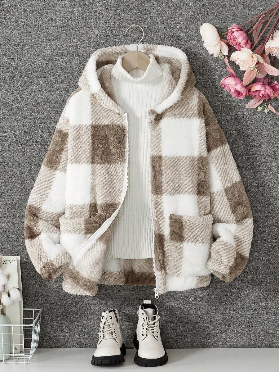 SHEIN Explorewe Tween Girl Oversized Hooded Khaki Patchwork Plaid 2 Pocket Loose Casual Jacket, A... | SHEIN
