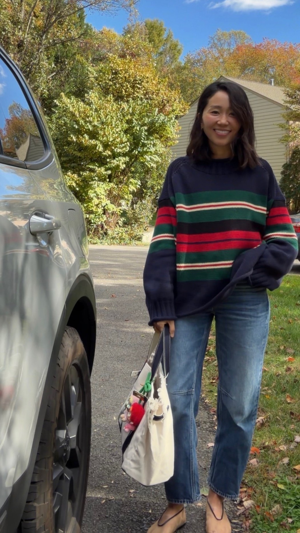 Fall
Similar Sweater from  Jcrew: S
Barrel Jeans from Madewell:23
Comfy Flats: Amazon