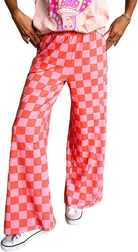 Sunloudy Womens Checkered Wide Leg Pants High Elastic Waisted Straight Loose Fitted LoungeTrouser... | Amazon (US)